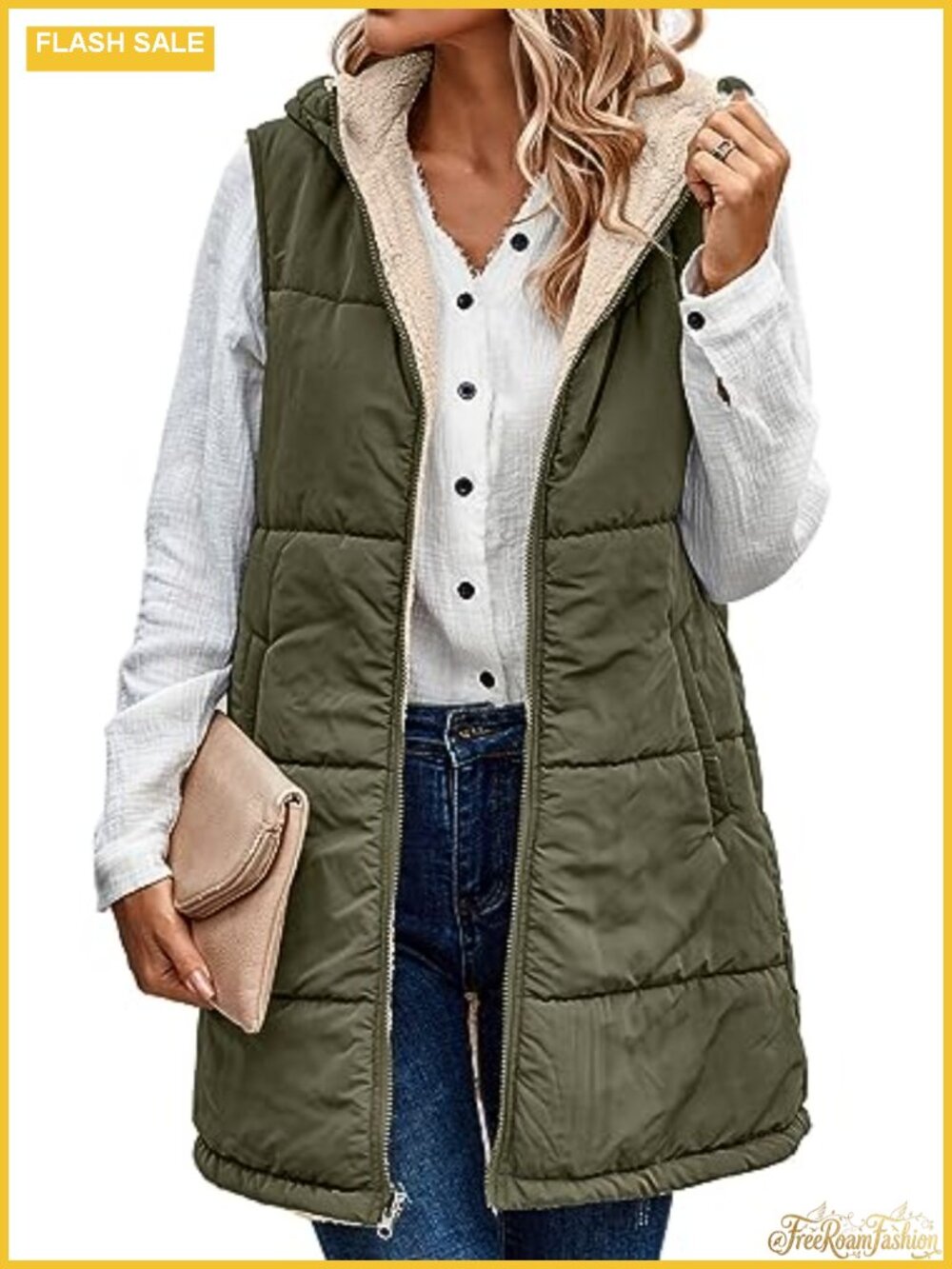 Womens Long Puffer Vest Reversible Fleece Hooded Zip Up Sleeveless Coat